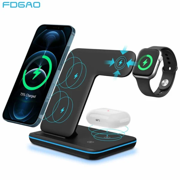 Fdgao 20w carregador sem fio para iphone 14 13 12 11 xs max xr x 8 3 em 1 qi suporte de carregamento rápido para apple watch 7 se 6 airpods pro